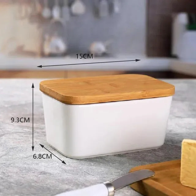 Ceramic Butter Dish with Bamboo Cover and Knife