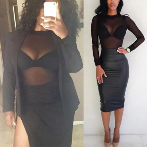 Sexy Long Sleeve Sheer Turtleneck Top for Women