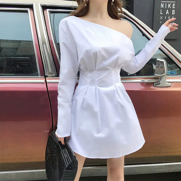 White Shirt Dress with Off-Shoulder Long Sleeves