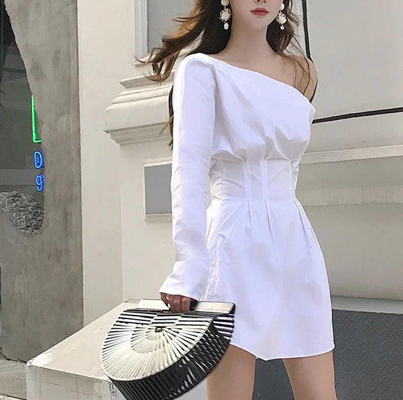 White Shirt Dress with Off-Shoulder Long Sleeves