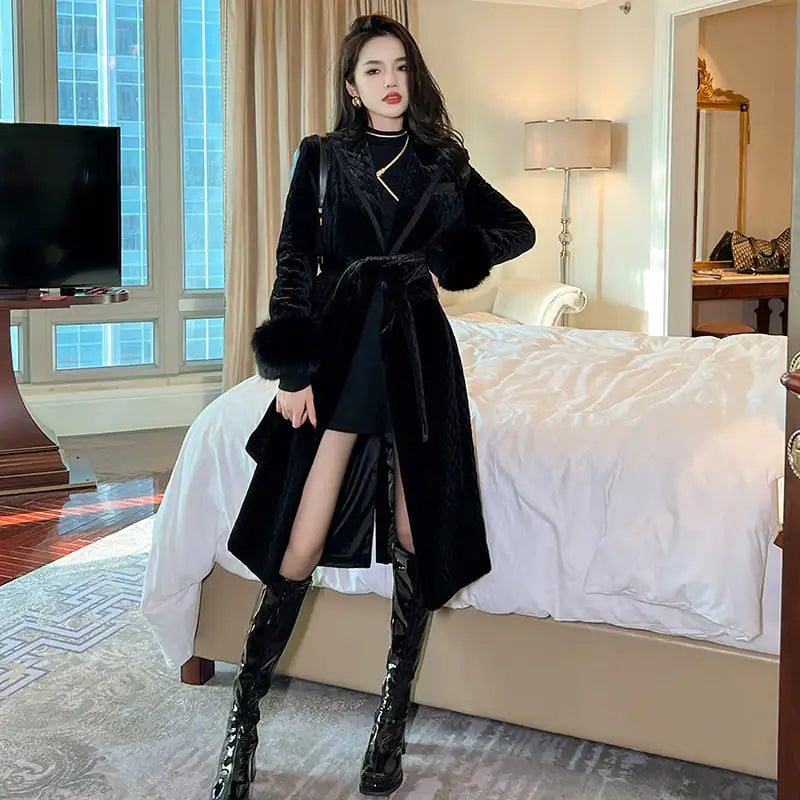 Women's Velvet Black Mid-Length Coat
