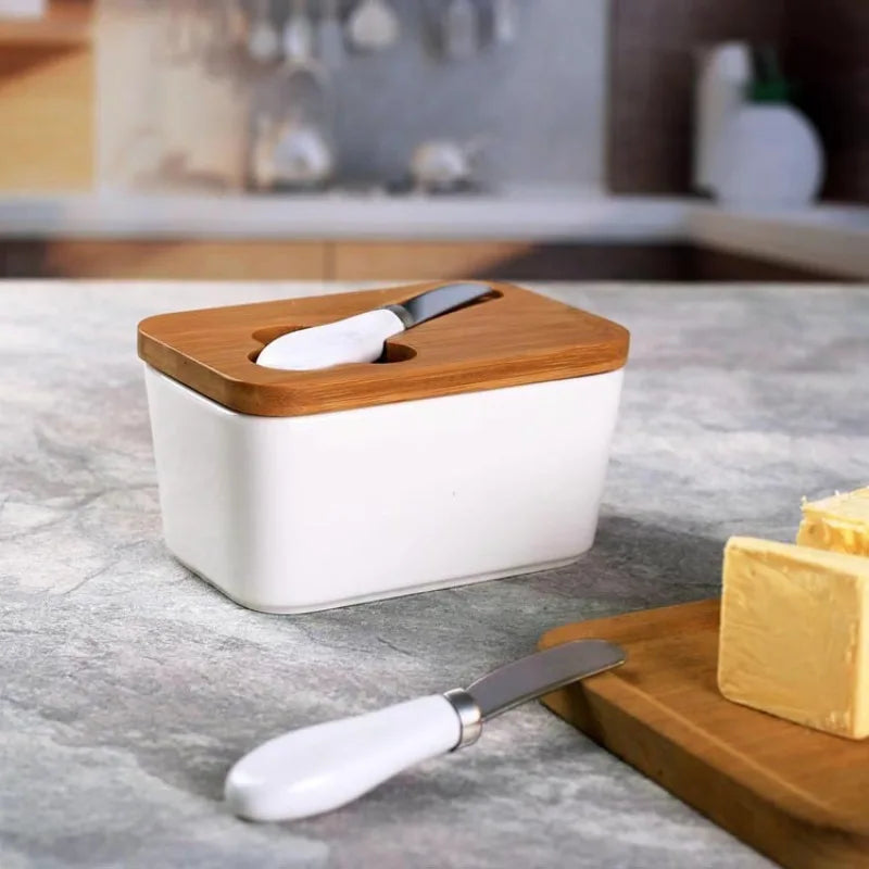 Ceramic Butter Dish with Bamboo Cover and Knife