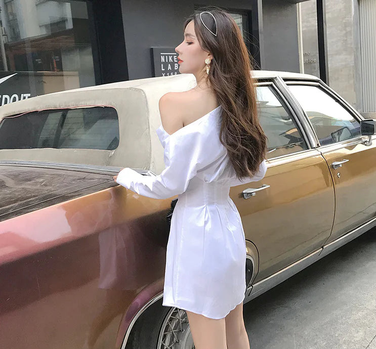 White Shirt Dress with Off-Shoulder Long Sleeves