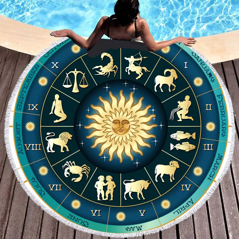 Zodiac Printed Round Beach Towel with Tassels (1 Piece)