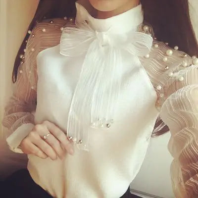 Pearl Chiffon Blouse with Bow White Base Shirt