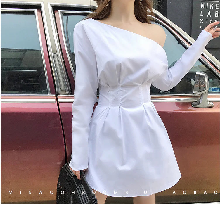 White Shirt Dress with Off-Shoulder Long Sleeves