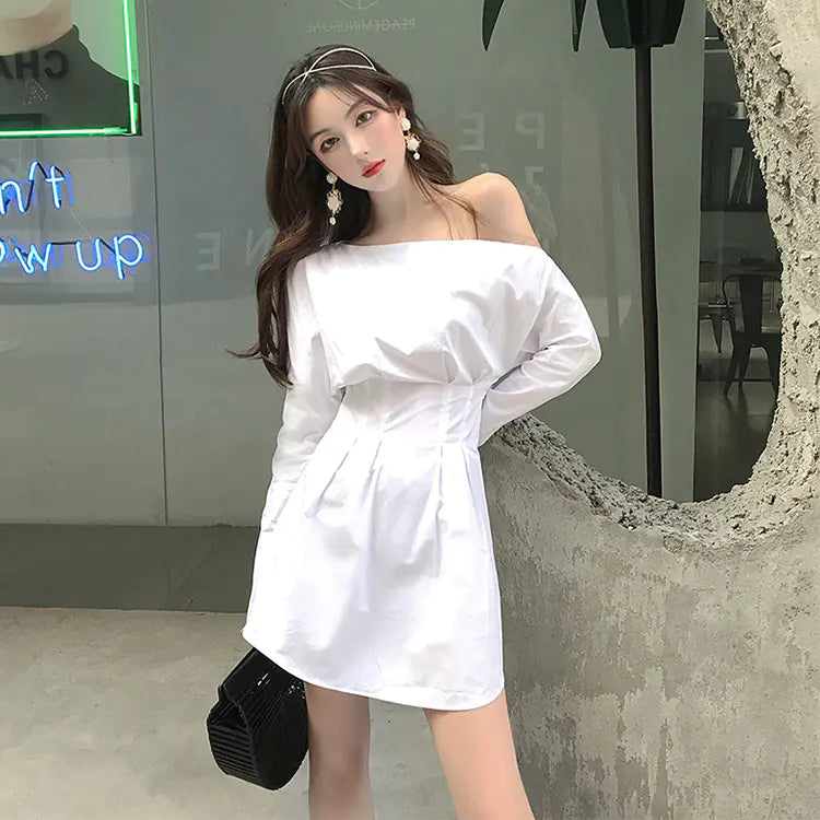 White Shirt Dress with Off-Shoulder Long Sleeves