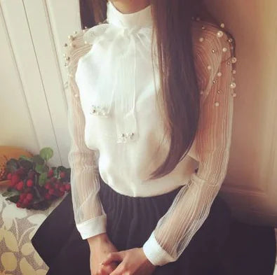 Pearl Chiffon Blouse with Bow White Base Shirt