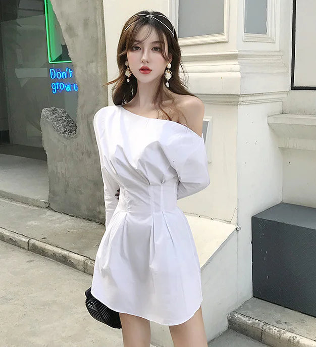 White Shirt Dress with Off-Shoulder Long Sleeves