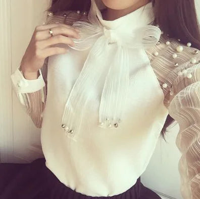 Pearl Chiffon Blouse with Bow White Base Shirt