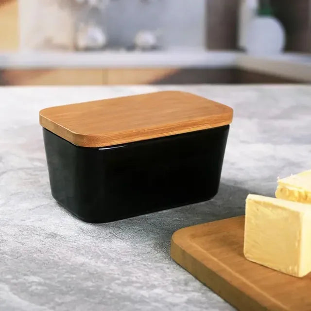 Ceramic Butter Dish with Bamboo Cover and Knife