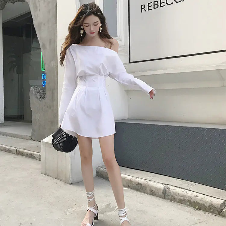 White Shirt Dress with Off-Shoulder Long Sleeves