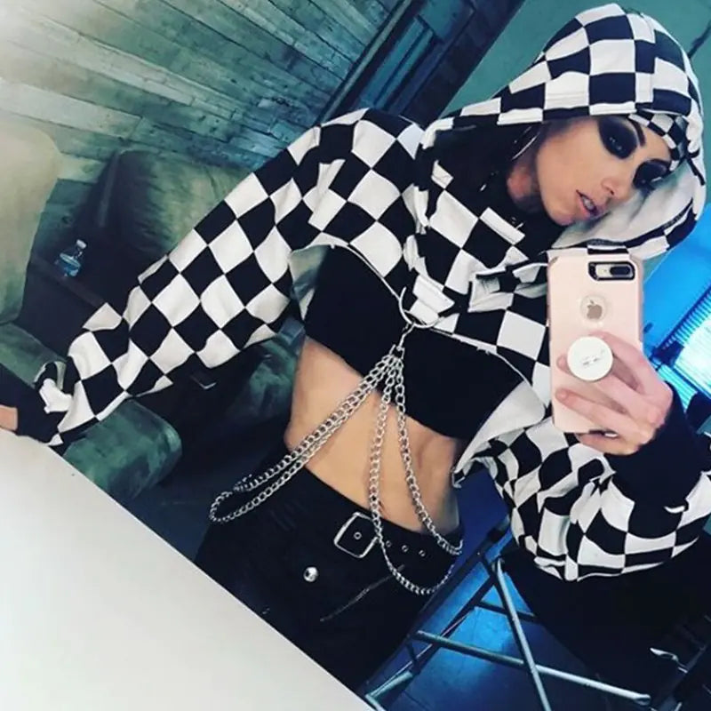 Hooded Crop Top Sweatshirt with Chain Details