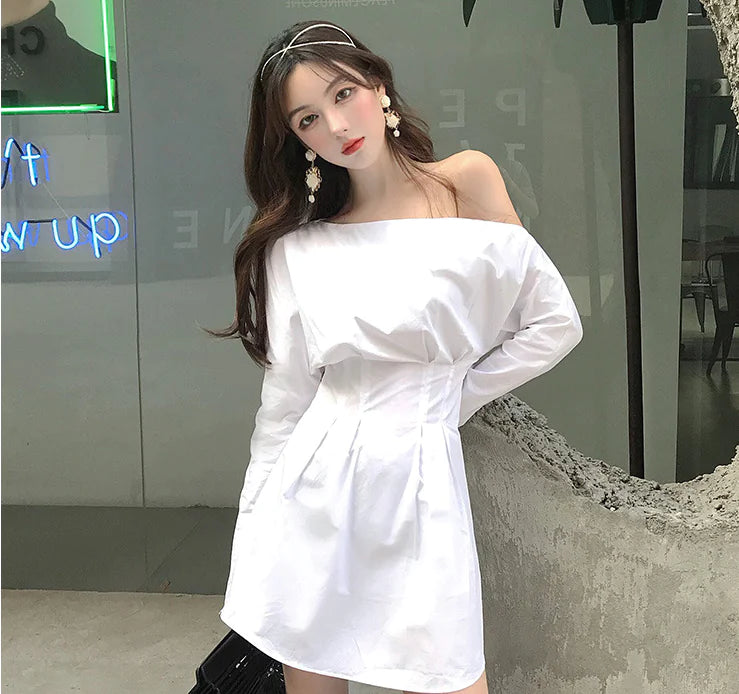 White Shirt Dress with Off-Shoulder Long Sleeves