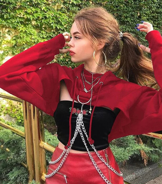 Hooded Crop Top Sweatshirt with Chain Details