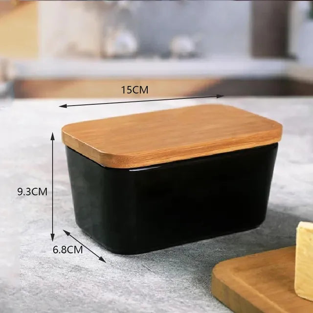 Ceramic Butter Dish with Bamboo Cover and Knife