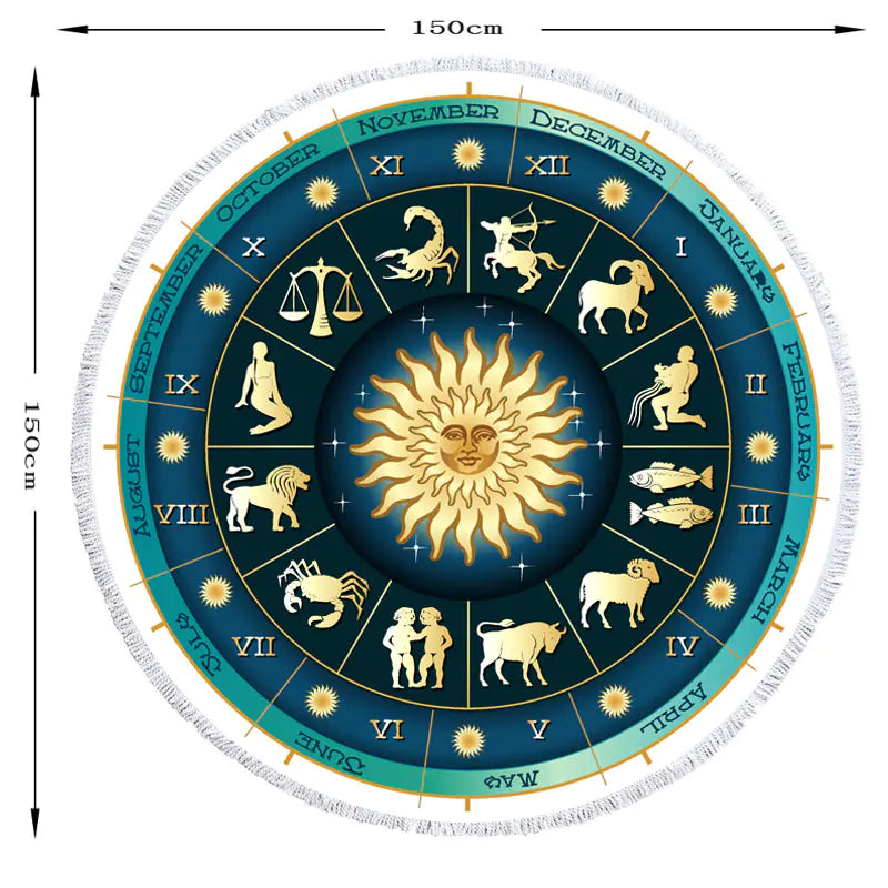 Zodiac Printed Round Beach Towel with Tassels (1 Piece)